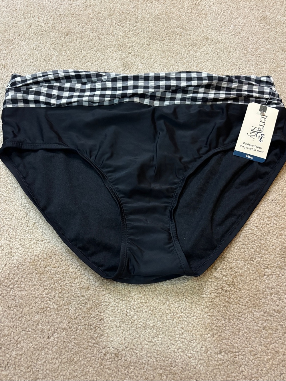 Terra & Sky Black Bikini Bottom with Black-and-White Gingham Waist